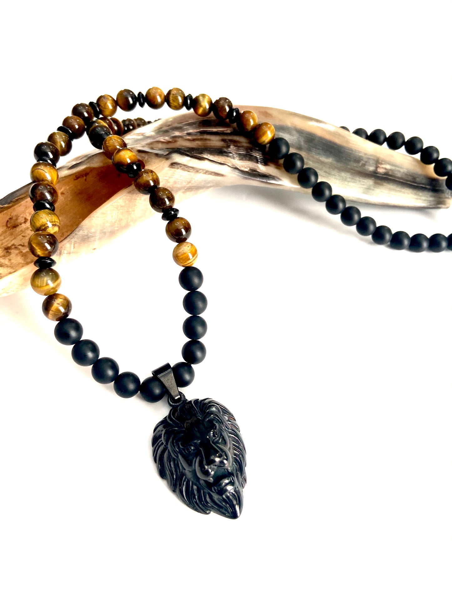 Copy of Judah Lion Onyx Necklace(8mm gun metal and black) Chaka Beads